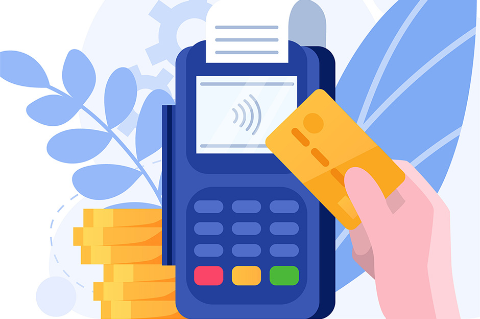 A point of sale (POS) terminal with a printed receipt and a hand holding a contactless credit card for payment.